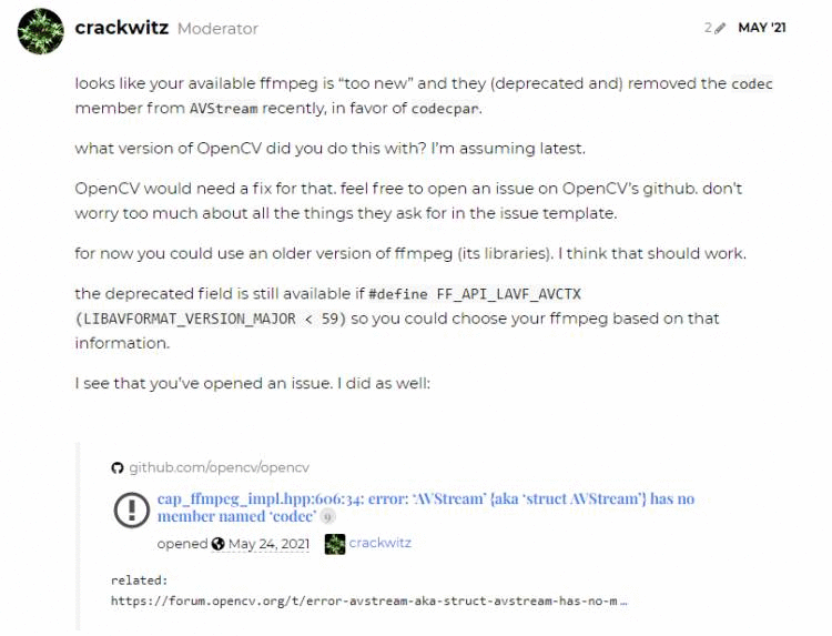 opencv 编译安装时出现报错 modules/videoio/src/cap_ffmpeg_impl.hpp:585:34: error: ‘AVStream {aka struct AVStre