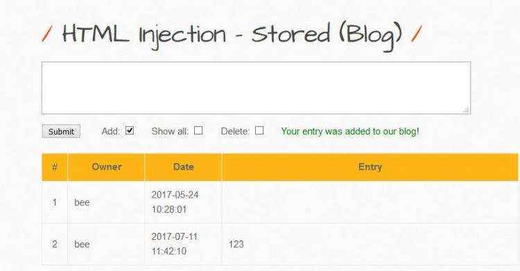 开发笔记:bWAPPHTML InjectionStored (Blog)