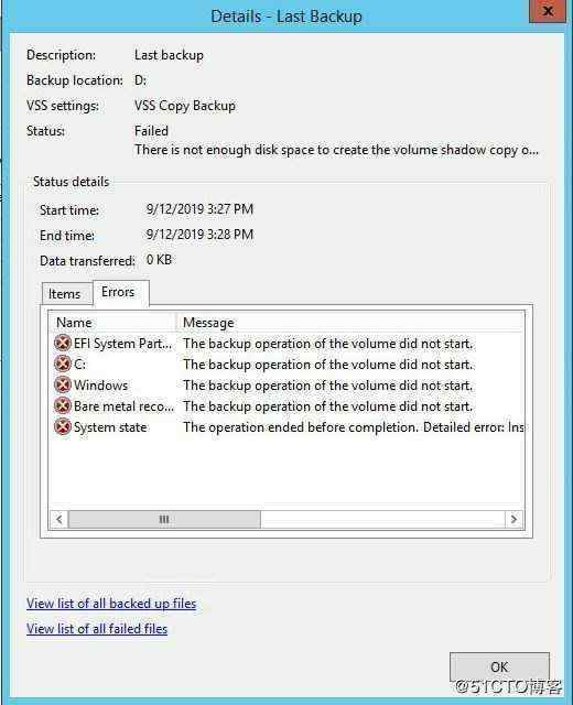 create_Not enough disk space to create volume shadow copy